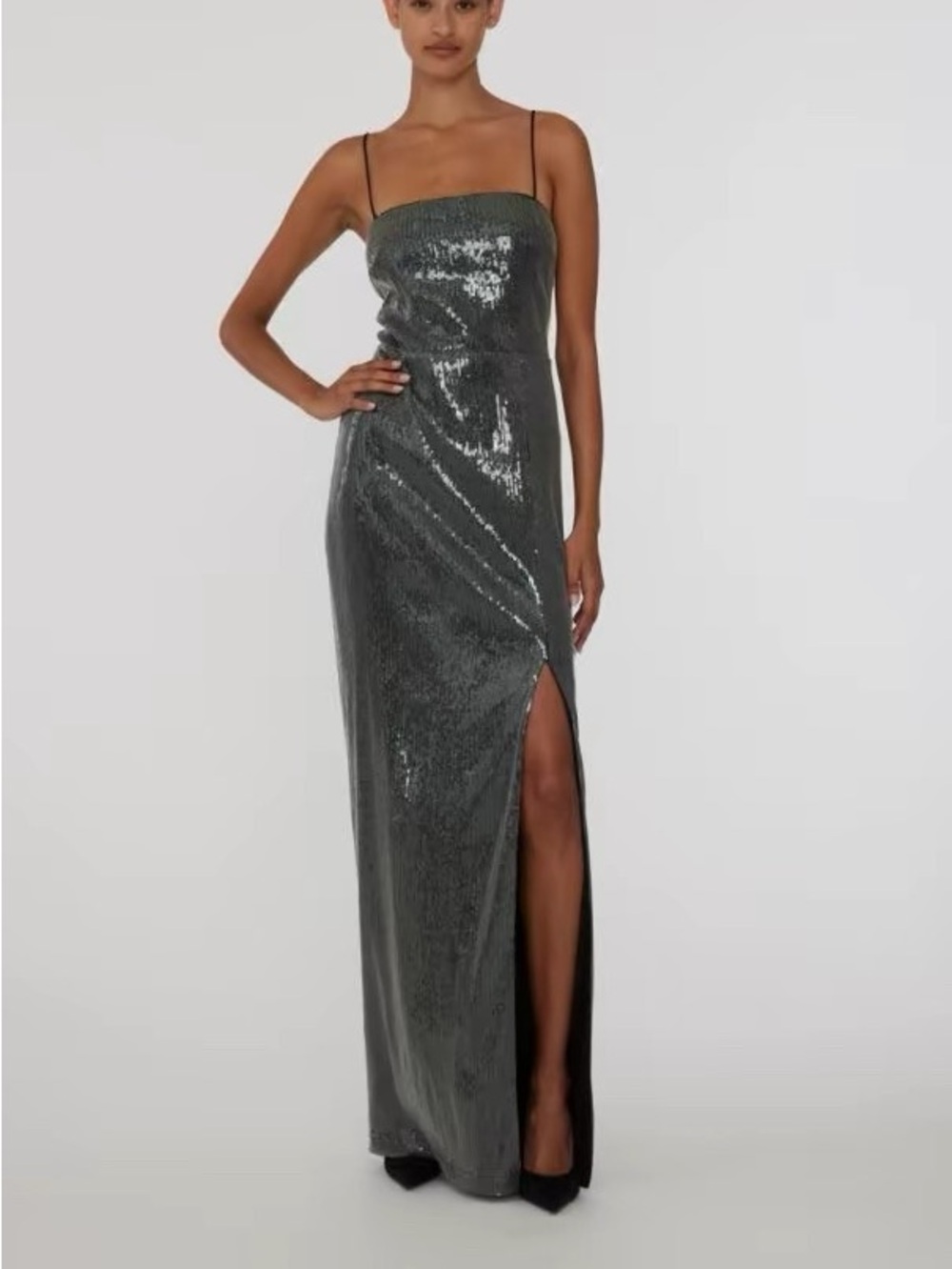 ROTATE Square Neck Sequin-Embellished Long Dress, XXS XS S M